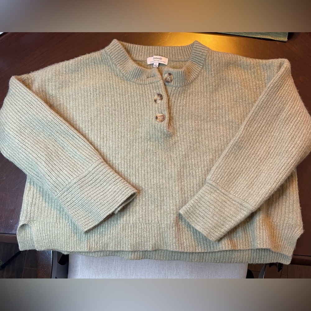 Sage Madewell Recycled 100% Cashmere Cropped 3/4 Sleeved Henley Sweater